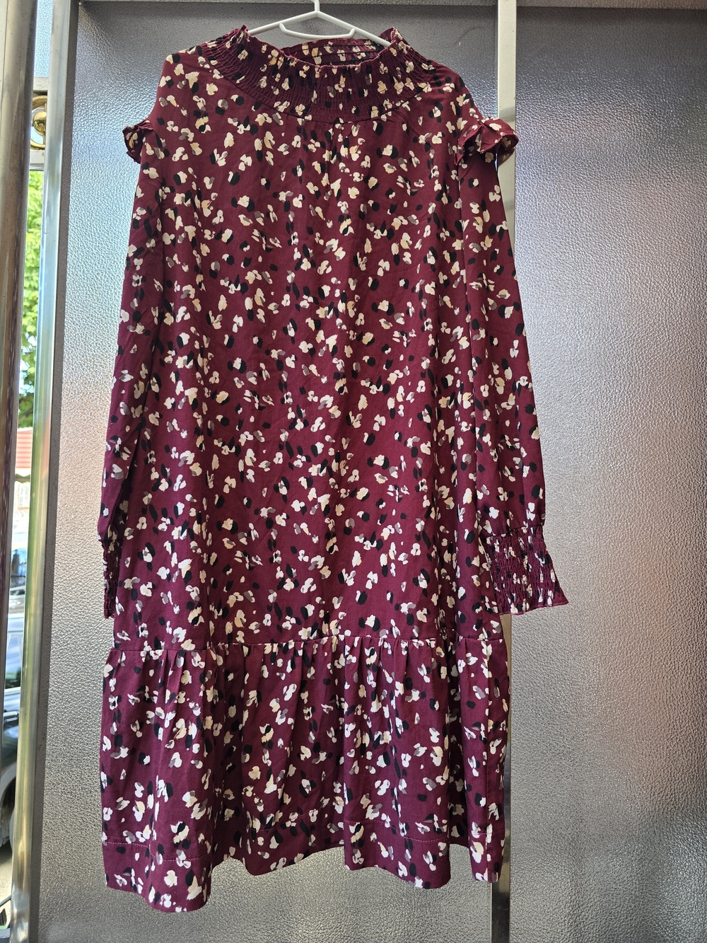 Women’s Burgundy Smocked Neck Long Sleeve Dress